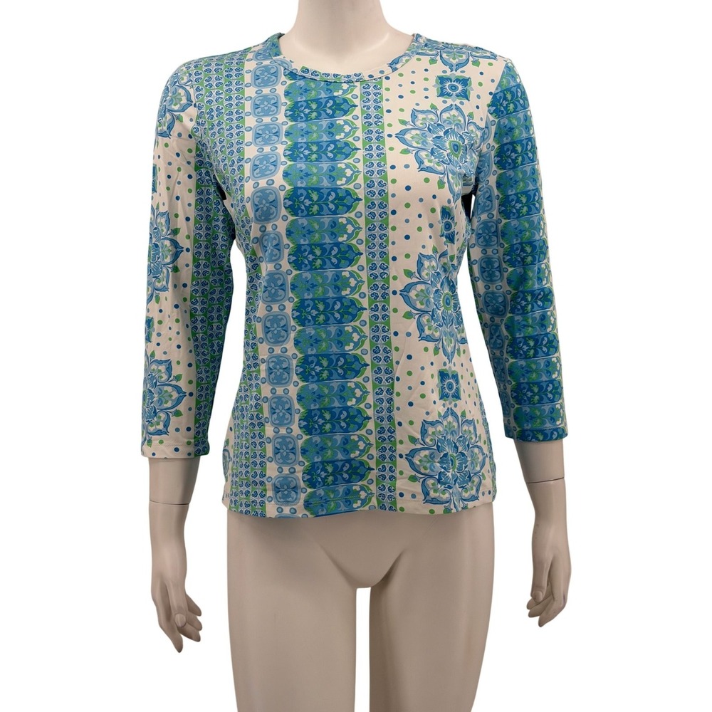 J McLaughlin Top Womens Medium Blue Floral Stretch Catalina Cloth Summer Coastal